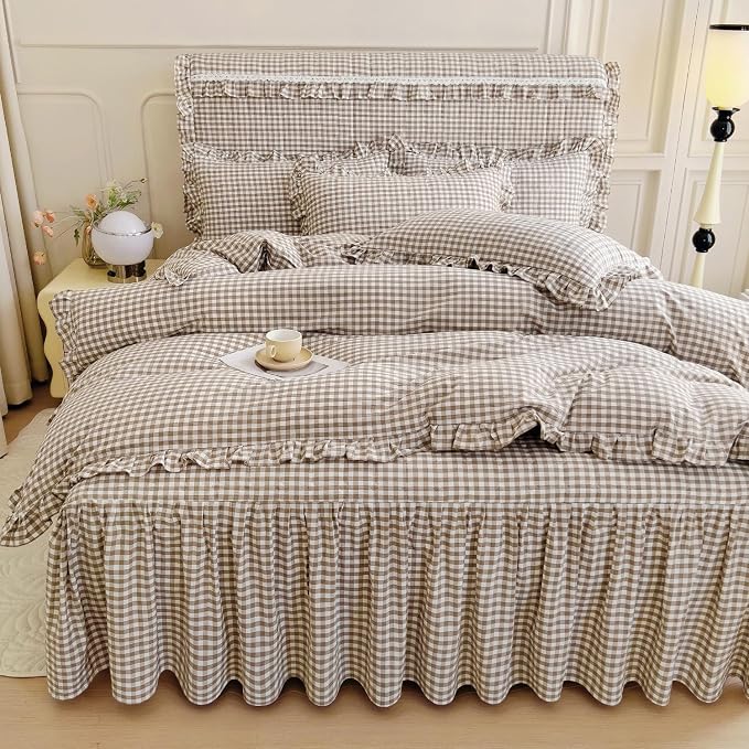 mixinni Tan Gingham Ruffle Duvet Cover Queen Size 3 Pieces – 100% Washed Cotton, Vintage Plaid Ruffled Bedding Set with Zipper Ties, Soft Cream Checkered Grid Farmhouse Chic Comforter Cover Set
