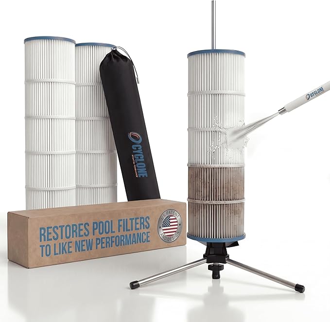 CYCLONE FILTER CLEANER – Patented Hose-Powered Spinning Pool Cartridge Filter Cleaning Tool with Stand & Spray Wand – Cleans 5X Faster – Fits 3”, 4”, 6” ID Filters
