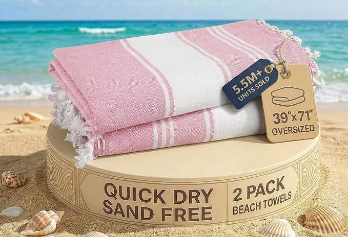LANE LINEN Turkish Beach Towels, Super Absorbent, Travel Towel - Candy Pink | 2 Pack Extra Large Beach Towel - Pre-Washed for Soft Feel - 39"x71", Vacation Essential - Machine Washable, Travel & Camping