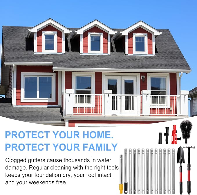 13FT Gutter Cleaning Tools from Ground, 6-in-1 Brush & Rake Kit | No Climbing Needed. Dual Universal Clamps for Any Angle. 13FT Extension Poles. Gutter Cleaner Tool with Scoop, Rake & Brush.