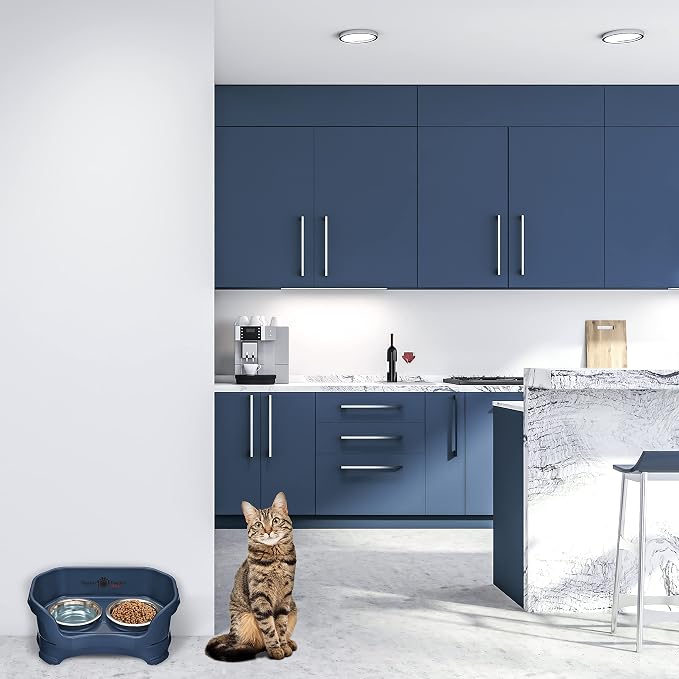 Neater Pet Brands Neater Feeder Deluxe Mess Proof Cat Bowls Elevated, Made in USA, No Spill Raised Bowls for Indoor Cats, Stainless Steel Food and Water Bowl Set, Pet Dish Feeding Station, Dark Blue