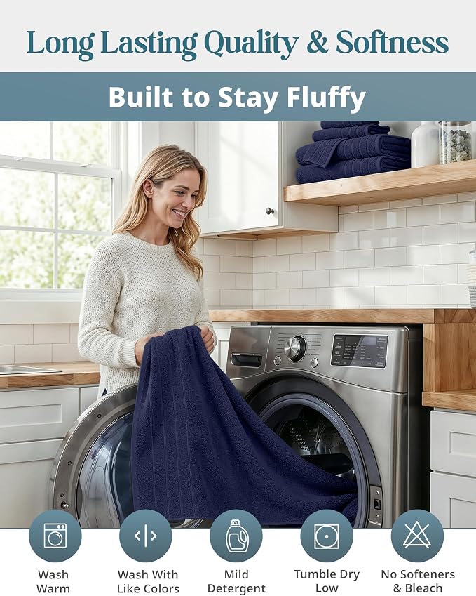 Casa Platino Towel Set for Bathroom Soft Absorbent Quick Dry - Navy | Bath Towel Sets For Bathroom - Dobby Border Accent, OEKO-TEX Certified, Ring-Spun Durability, Ring-Spun Cotton, Densely Woven