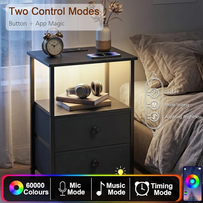 Nightstands Set of 2, LED Night Stand with Charging Station | Bedside Table with Type-C Outlets & 2 Fabric Drawers, End Tables with Storage Shelf for Bedroom, Small Spaces, Black