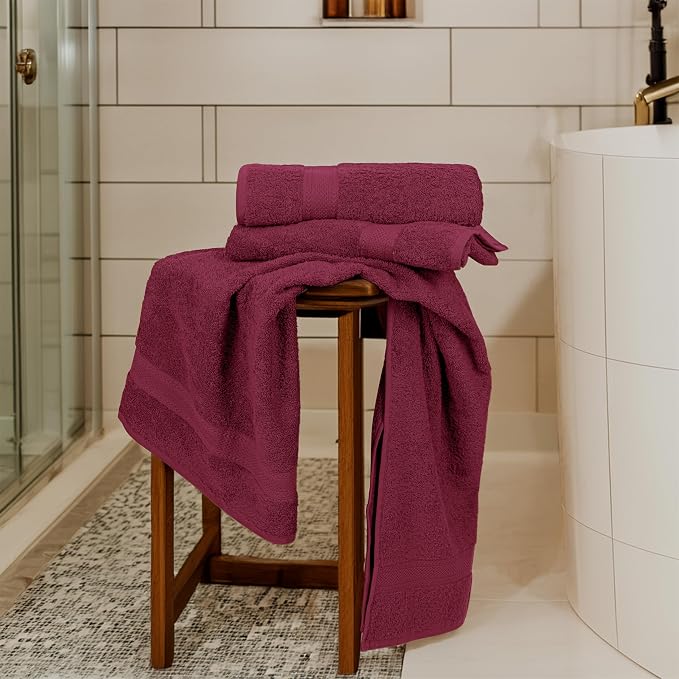 Premium Bath Towel Set - 24 x 48 Pack of 6 100% Cotton Terry Towels for Bathroom - Quick Dry - Highly Absorbent - Soft Feel - Pool - Spa - Gym - Hand Towel for Daily Use - Burgundy