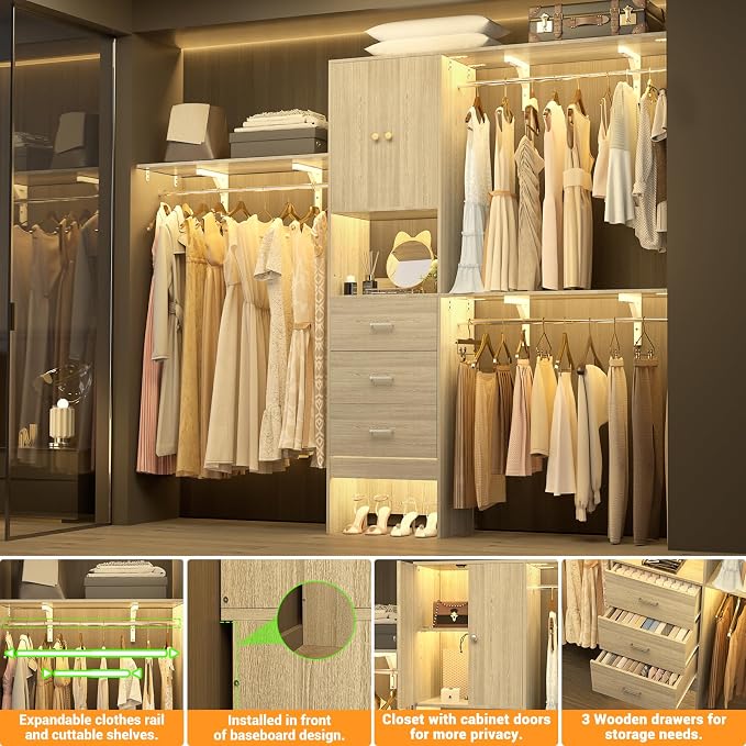 Armocity 96 Inches Closet System with Doors, 8FT Walk In Closet Organizer with 2 Shelving Towers, Heavy Duty Clothes Garment Rack with 3 Wood Drawers, 96"L x 16"W x 80"H, Max Load 1000 LBS, White Oak