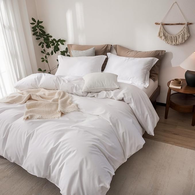 Linen Feel Duvet Cover Queen Size 90inch x 90inch,100% Washed Cotton Duvet Cover with Zipper Closure and 2 Pillowcases, Color of Bright White