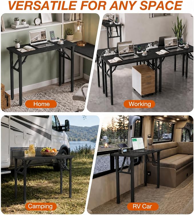 XBurmo Small Folding Desk Folding Table, No Assembly Foldable Desk Gaming Desk, 35.8-Inch Computer Table Workstation with 2 AC Outlets and 2 USB Ports for Bedroom and Home Office, Dark Oak