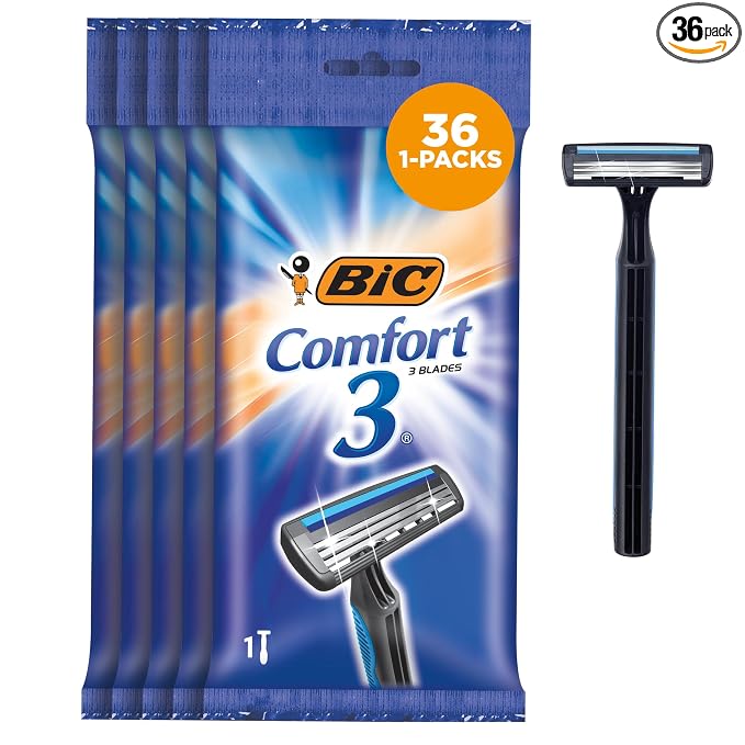 BIC Comfort 3 Disposable Razors, Long-Lasting 3-Blade Shaving, 1-Count | Single Razor Designed for a Smooth Shave | Textured Anti-Slip Grip for Comfort | Lubricating Strip with Vitamin E