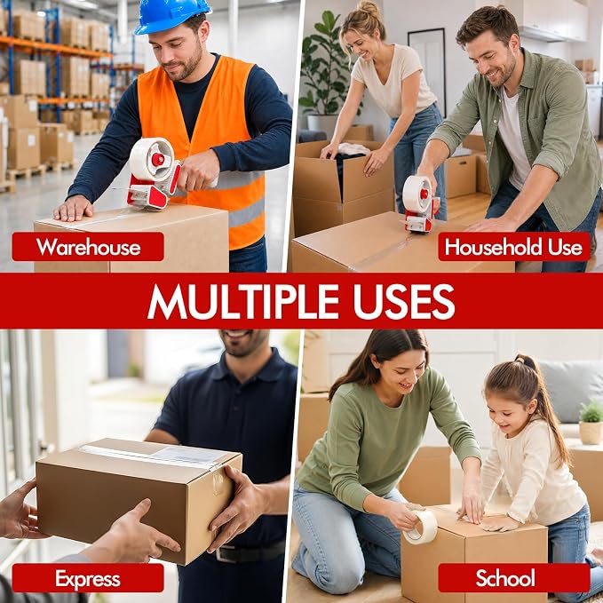 2 Pack Heavy Duty Packing Tape Dispenser Gun with 12 Pack Clear Packaging Tapes, 2 Inch Packaging Tape with Dispenser for Carton Sealing, Moving Boxes, Shipping (Red)