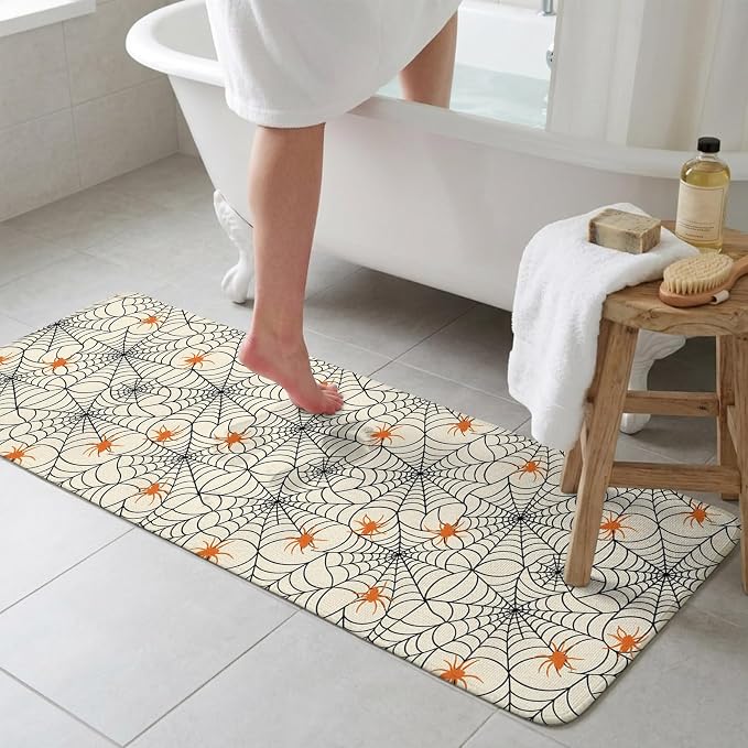 Halloween Bathroom Runner Rugs Non Slip Washable Absorbent Narrow Long Bath Mat Orange Black Net Classic Spiders Gingham Runner Rugs for Kitchen Hallway Bedroom Laundry Study Room 19.7"x63"