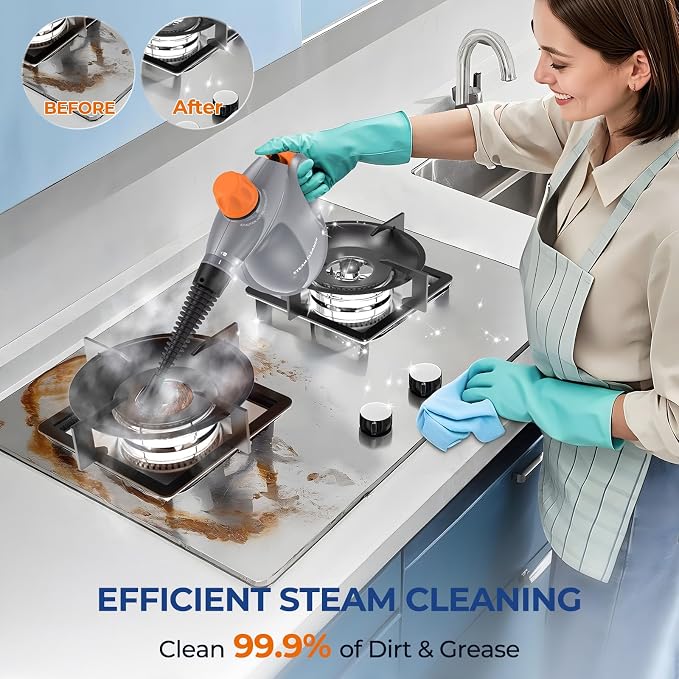 Steam Cleaner, Pressurized Handheld 13pcs Multi-Purpose Natural Deep Cleaning Steamer, Portable Steamer for Cleaning Home, Grout, Kitchen, Car, Window, Upholstery, Bathroom and Clothes, Orange&Gray