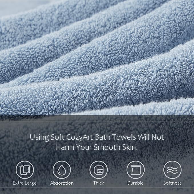 COZYART Luxury Bath Towel Set 6 Pcs, Light Blue 100% Turkish Cotton 650 GSM | OEKO-Tex 100 Certified Zero Twist Ring Spun, Soft Absorbent Quick Dry, Plush Fluffy, Breathable Hotel Quality for Daily Use