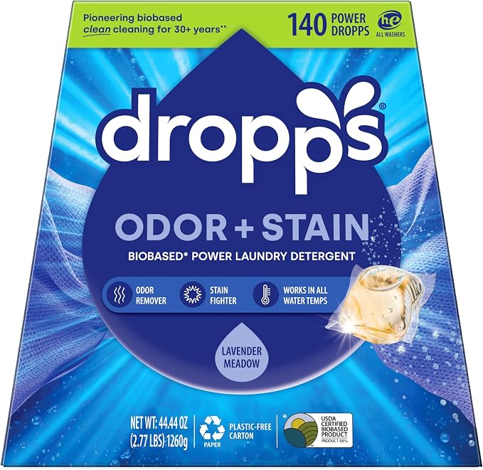 Dropps Odor & Stain Laundry Detergent Pods, Lavender Meadow (140 Count) - Powerful Laundry Pods | Complete Clean Laundry Soap | Fights Odors & Stains | Clean Ingredients | Plastic Free Packaging