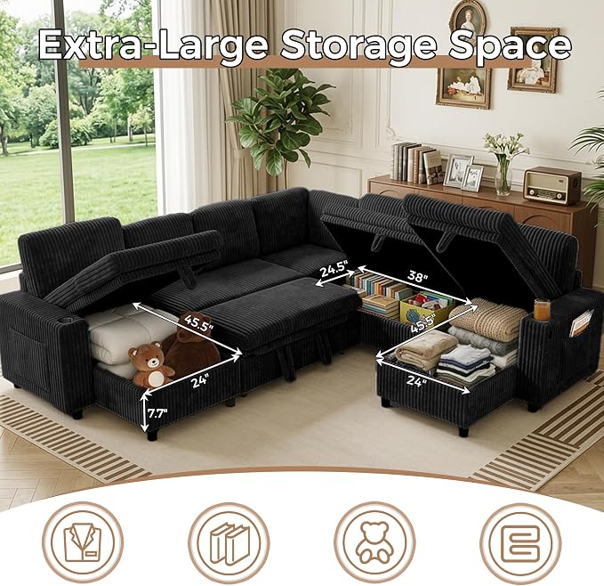 Oversized U-Shaped Sectional Sleeper Sofa for Living Room, Black | Modular Design, Pull Out Bed, Hidden Storage Space, Soft Corduroy, USB Charging, Cup Holders, Easy Assembly