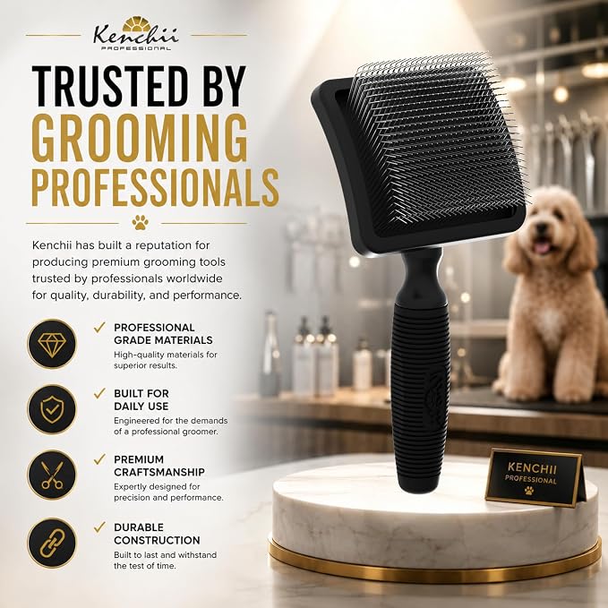 Kenchii Long Pin Slicker Brush for Dogs (Poodles, Doodles, Goldendoodles, Labradoodles), Professional Grooming Brush for Detangling, Fluffing & Dematting, Non-Slip Comfort Handle (Black)