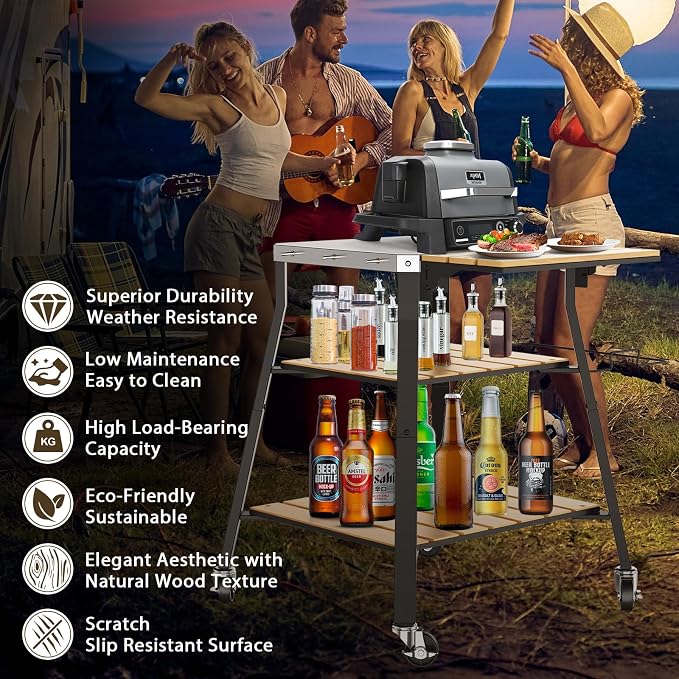 Pizza Oven Stand with Wheels, for Ninja Woodfire | Outdoor prep table for pizza ovens, grills and kitchen work, with movable storage design