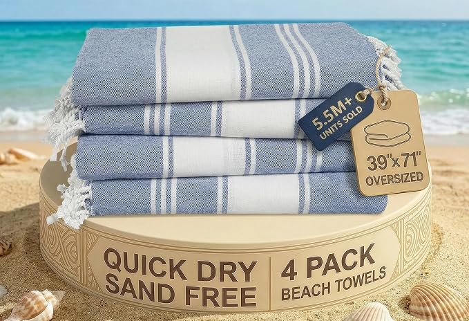 LANE LINEN 4 Pack Pool & Beach Towels, Oversized, 39"x71" - Forever Blue | Compact & Vacuum-Packed - Long-Lasting & Fresh - Super Soft, Cotton-Rich Feel - 4 Pack Forever Blue - Beach Ready