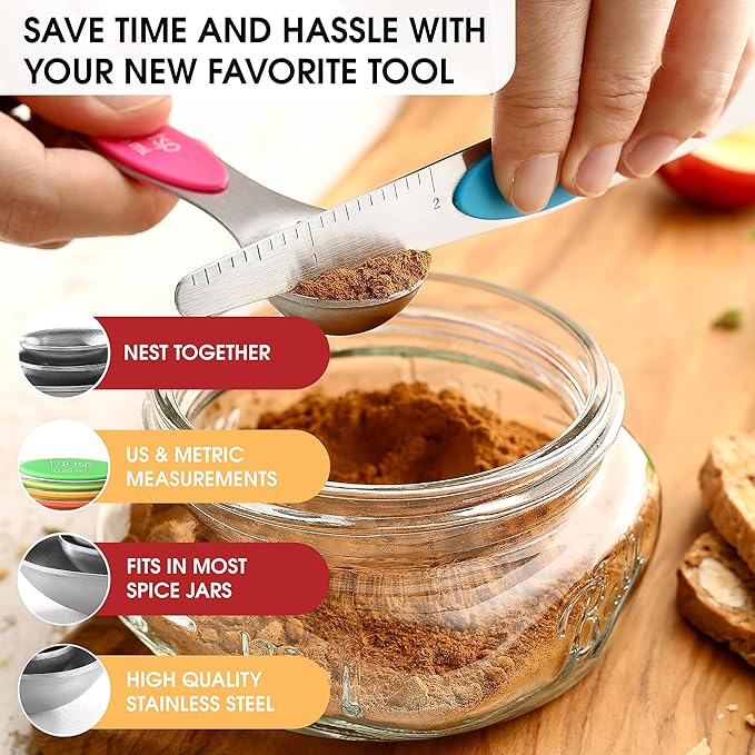 Spring Chef Stainless Steel Magnetic Measuring Cups, Set of 7 & Heavy Duty Magnetic Teaspoon & Tablespoon Measuring Spoons, Set of 8 with Leveler - 2 Product Bundle - Neon