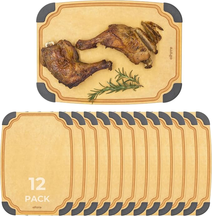 Essential Series Cutitng Board for Kitchen- Natural Wood Fiber, Dishwasher Safe, Eco-Friendly, Juice Grooves, Non-slip Feet, Non-Porous, Reversible, BPA Free, Medium - 12" x 8", 12pcs Pack