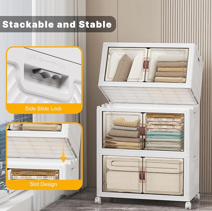Stackable Storage Bins, 336QT Collapsible Drawers with 1 Lid | Large Capacity, Magnetic Door, Stack Lock, Rolling Wheels, Foldable Design, Organizers and Storage for Bedroom Dorm Garage