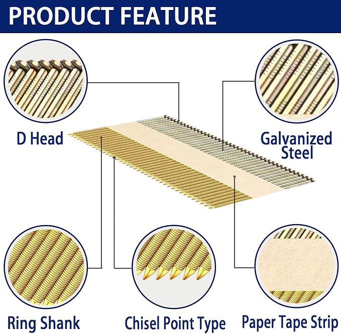 HW HAMWOO 34°Framing Nails,Galvanized Ring Shank,3-1/2":1000pcs | D Head Nail Pack,Paper Tape Strip Nails,for 30 to 34 Degree Framing Nailer