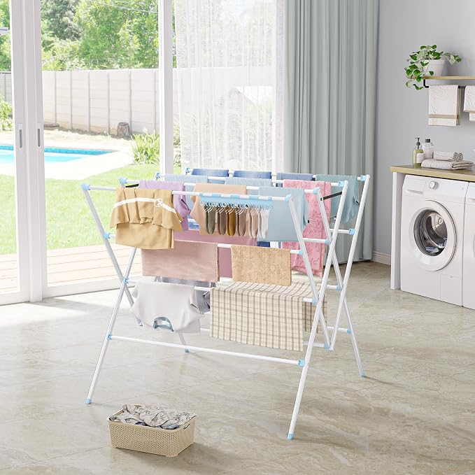 Drying Rack Clothing,35.43in Long Drying Poles Large Clothes Drying Rack | Foldable Portable Laundry Drying Rack with Sock Clips for Air Drying Clothing,Towels,Delicate Eac,Indoor Outdoor Use.Blue