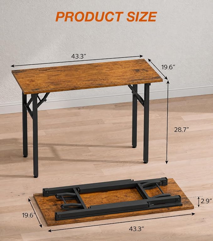 XBurmo Folding Desk Foldable Table, No Assembly 43.3" Foldable Desk Space-Saving Workstation for Small Space, Computer Table, Flat Storage for Home Office, Bedroom, Dorm, Study Room, Rustic Brown