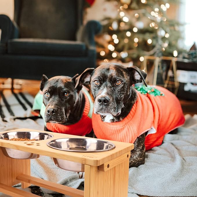 HTB Elevated Dog Bowls,Raised Dog Bowl Stand with 2 Stainless Steel Bowls,Elevated Raised Dog Bowls for Large Medium Small Sized Dogs | Raised Dog Bowl Stand, 10"tall, 48 Oz Bowls, for Large Sized Dogs, Pet-safe, Solid Bamboo