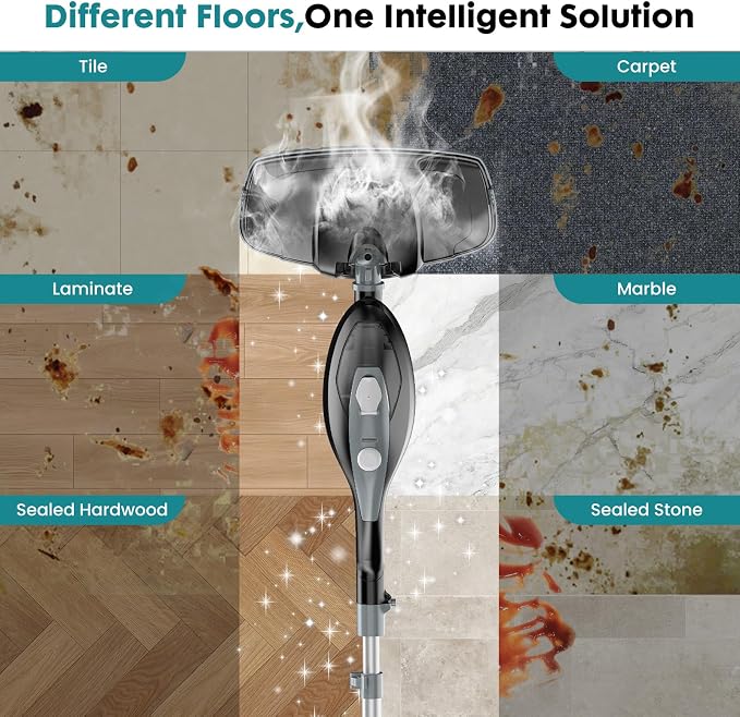 OLIXIS 10-in-1 Steam Mop, 1550W Detachable Handheld Steam Cleaner for Floor Cleaning, 16FT Cord, 2 Washable Pads, Multi-Purpose Floor Steamer for Hardwood, Carpet, Tile, Grout, Windows, Black Grey
