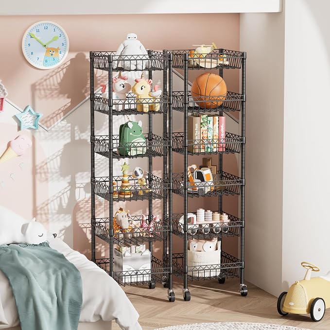 Golpart 6 Shelves Storage Shelf Wire Closet Bathroom Organizers Metal Pantry Kitchen Garage Shelving Unit Laundry Room Organization Home Rack Net Basket Black with Wheels 14" Dx14 Wx64.8 H