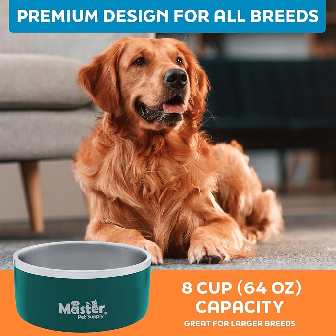 Master Pet Supply Stainless Steel Dog Bowls - 64 oz, Heavy Duty - Emerald Sea, Double Wall Extra-Thick Insulated, Non-Slip Pet Water Bowl for Dogs, Cats & Pets, Anti Rust Metal, Dish Washer Safe