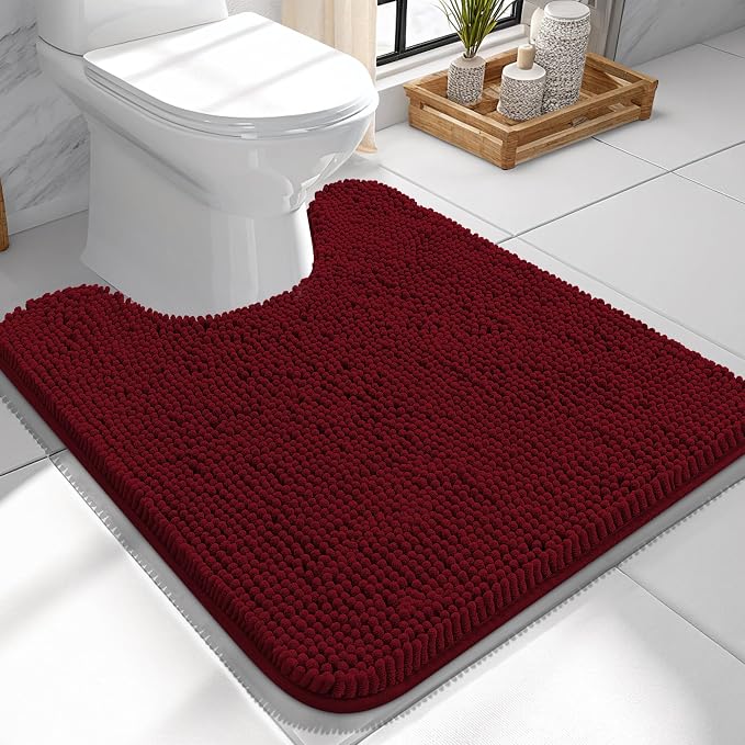 OLANLY Toilet Rugs U-Shaped 24x24, Extra Soft Absorbent Chenille Contour Bathroom Rugs for Toilet, Dry Quickly, Machine Washable, Non-Slip Bath Mat, Burgundy