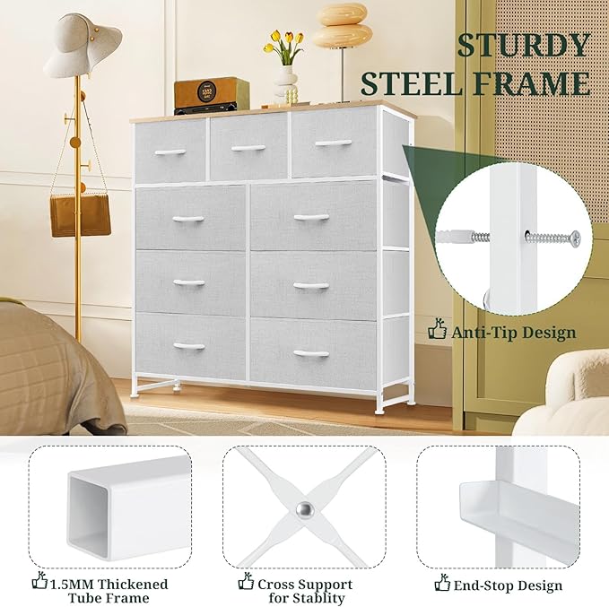9-Drawer Dresser for Bedroom, Anti-Tip Tall Storage Organizer Chest of Drawers with Wooden Top and Metal Frame Fabric Bins for Closet, Living Room, Hallway, Entryway, Light Gray