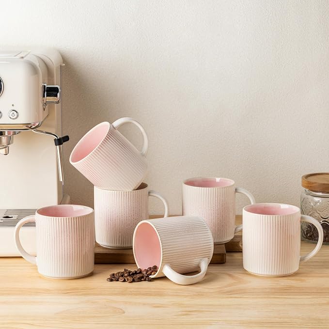 theterra Ceramic Coffee Mugs Set of 6, 14.2oz Handmade Coffee Cups with Handle for Latte, Tea, Milk, Beer, Hot Cocoa, Primrose Pink