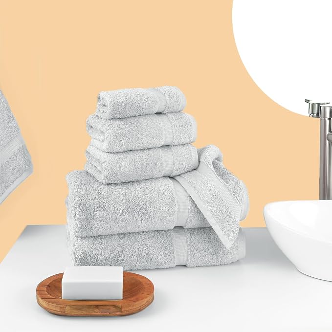 Chakir Turkish Linens 6 Piece Towels Set, 100% Cotton Luxury Turkish Towels for Bathroom, Soft Absorbent Bath Towel Set with 2 Bath Towels 2 Hand Towels 2 Washcloths, Silver Gray