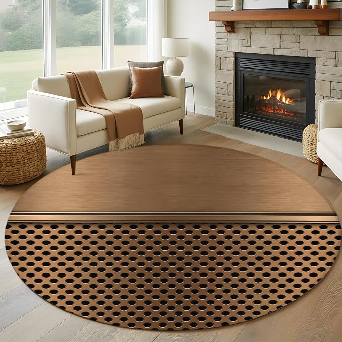 6 Ft Round Rug for Living Room, Brown Metal Hole Indoor Accent Rugs for Apartment, Modern Copper Net Eye Hole Pattern Decorative Circle Carpet Washable Low Pile Non Slip, Soft Rug for Bedroom