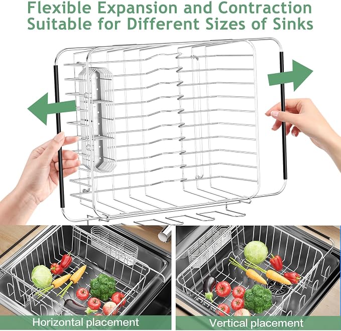 Fanbsy Dish Drying Rack in Sink, Extendable Stainless Steel Dish Drainers for Kitchen Counter, Anti-Rust Dish Dryer Rack with Utensil & Cup Holders, for Inside Sink, Over The Sink