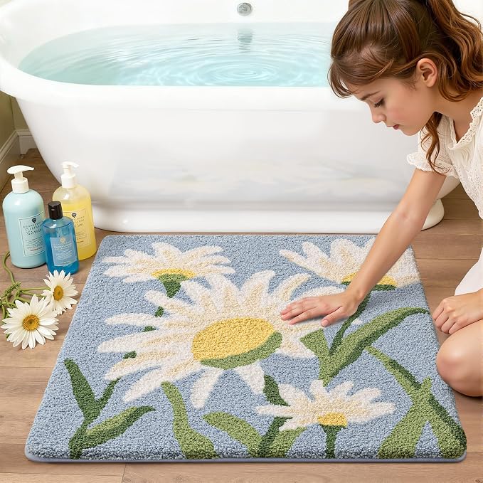 LUMI Bathroom Rugs Cute Daisy, Soft Absorbent Squarer Bath Mat Non-Slip, Machine Washable Quick Dry Blue Luxury Rug Flower for Kids Room, Bathtub, Home Decor, 26"x26"