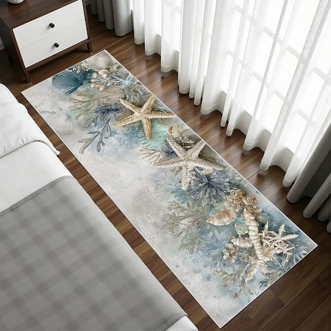 Seaside Coastal Washable Runner Rug 2.6x7 - Starfish Coral Hallway Rug, Ultra-Thin Kitchen Rugs, Watercolor Ocean Anti Slip Runner Rugs for Entrance Laundry Room Corridor Bedroom