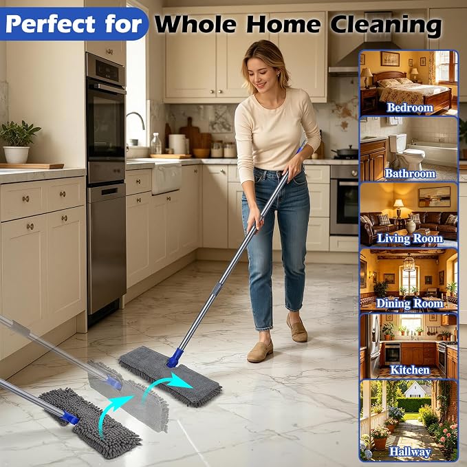 Two Sided Dust Mop Floor Cleaning System, MASTERTOP 360 Microfiber Mop with Stainless Steel Handle,Wet Dry Mop,Flat Flip Mops for Hardwood, Laminate, Vinyl, Tiles,4 Washable Mops Pads