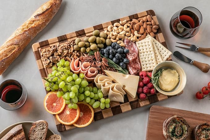 Cutting Boards for Kitchen, Checkered Wood Cutting Board | Walnut Chopping Board with Juice Grooves & Handles, Butcher Block Serving Tray with Gift Box 16" x 11" x 0.8"