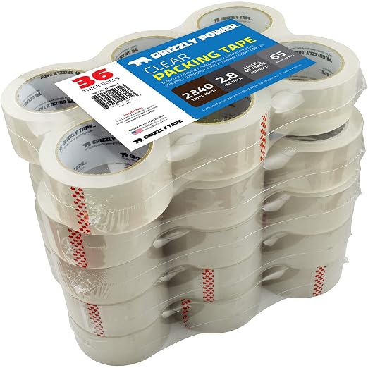 Grizzly Power Clear Packing Tape (36 Rolls) | Heavy Duty Packing Tape (2 Inch x 65 Yards), 3 Inch Core | 2.8mil Thick Strong Adhesive for Moving Boxes, Shipping Cartons, Office Use, Storage & Wrapping