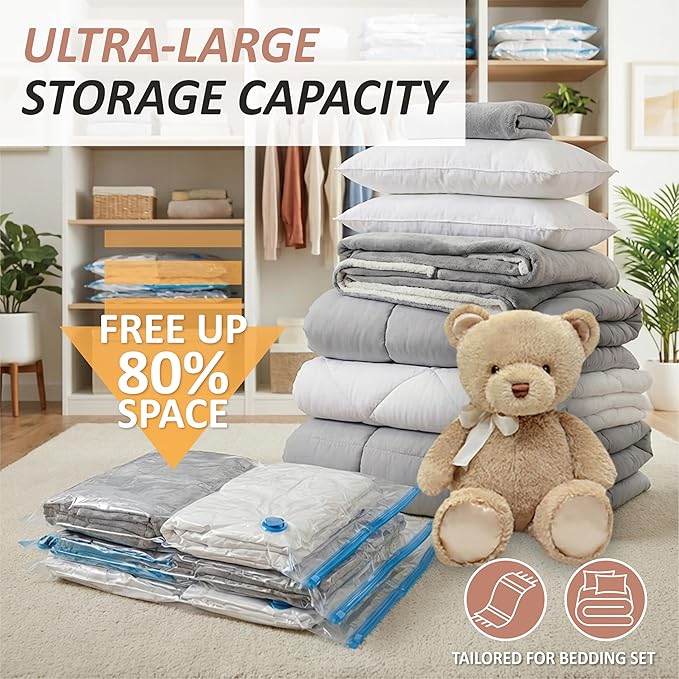 Cozy Essential Vacuum Storage Bags, 80% Compression Vacuum Seal Space Saver Plastic Packaging Bags for Clothes, Blankets, Pillow, Bedding, Comforters, Sealer Clothing Storage,8 XXL Jumbo