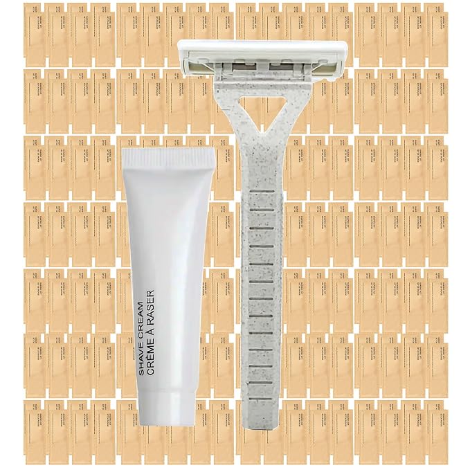 World Amenities Kraft Paper Shave Kit - Wheat Straw Dual Blade Safety Razor and Shave Cream Set (300 Pack)