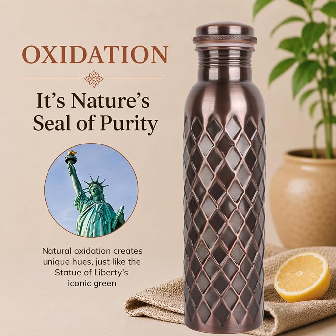 Copper Water Bottle 32 Oz Extra Large, Real Pure Copper Bottle for Drinking Water, Antique Diamond Ayurvedic Drinking Bottle, Leak Proof Cap, Cleaning Brush, Daily Hydration for Home Travel