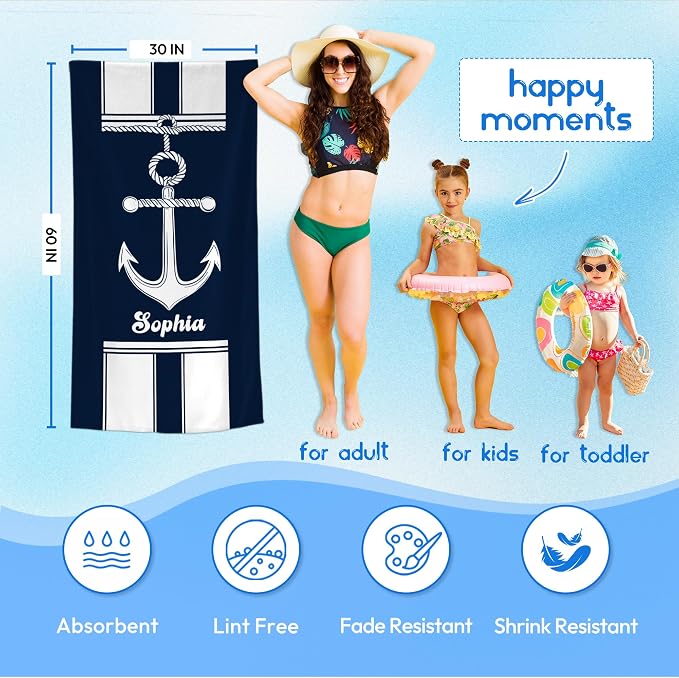 JML Personalized Beach Towel with Name, Custom Anchor Beach Towel, Customized Microfiber Pool Towel, Quick Dry & Absorbent Swim Towel for Adult,Anniversary, Birthday, Summer Holiday,Vacation