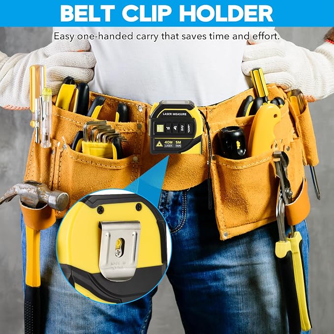 4-in-1 Laser Tape Measure - Class 2, 131FT Laser Distance Meter, 16FT AutoLock Tape Measure, Cross-Line Laser Level, Dual-Axis Electronic Angle, LCD Display, for DIY, Construction Projects