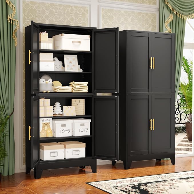 GAIOUS 75.2" Tall Metal Pantry Cabinet, Black Storage Cabinets with 4 Door | and 4 Adjustable Shelves, Kitchen Pantry Storage Cabinet, Freestanding Cupboard for Kitchen Dining Room Living Room Bathroom