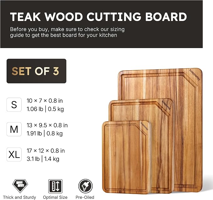 3 Pack Teak Wood Cutting Board Set Non Slip Over Sink Charcuterie Board Serving Heavy Duty Non Toxic Wooden Chopping Board Thick Haus Easy-Grip Handles Ideal Kitchen Gift for Home Cooks