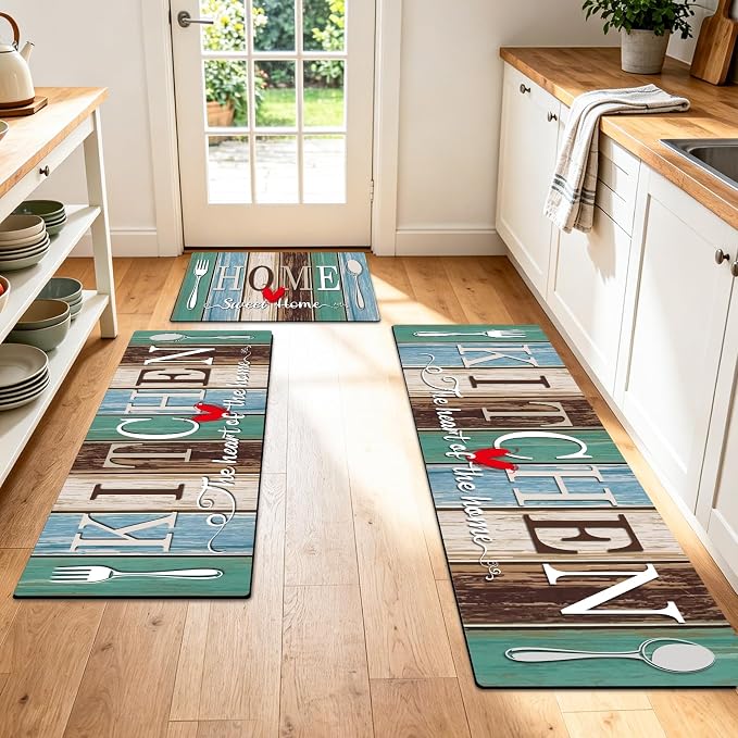 Kitchen Rugs Set 3 Piece, Non Slip Kitchen Mats for Floor, Soft Fabric with Rubber Backing, Farmhouse Anti Fatigue Runners Carpet for Home Kitchen Laundry Room Hallway (Rustic Teal Brown)